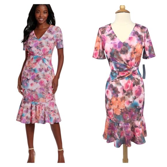 London Times Petite Twist-Waist Flounce Hem Sheath Dress Size 10P Pink Multi - Picture 1 of 9